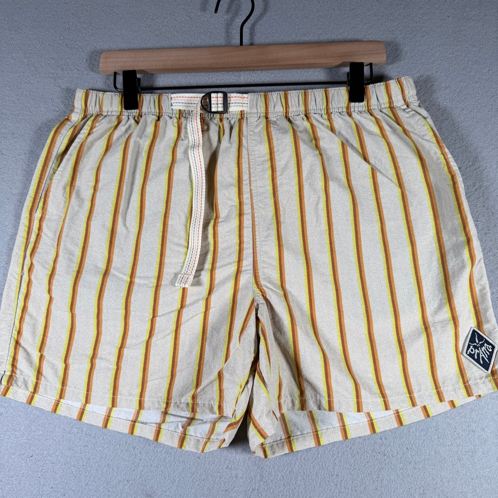 Prana Mens Relaxed Fit Recycled Nylon Striped Belted Shorts Tan Orange Green M